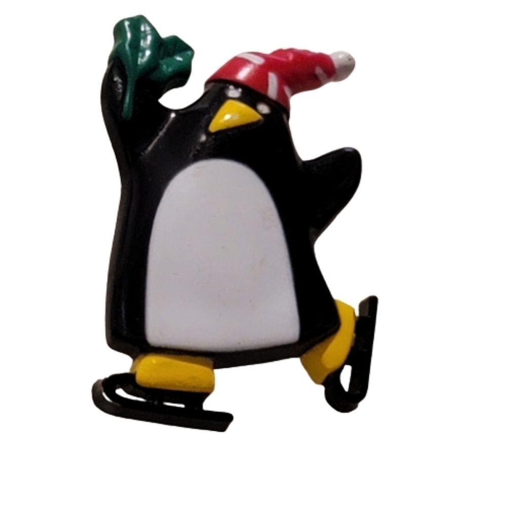 PENGUINPIN Vintage Hallmark 1989 Plastic Skating Penguin  Red Stocking